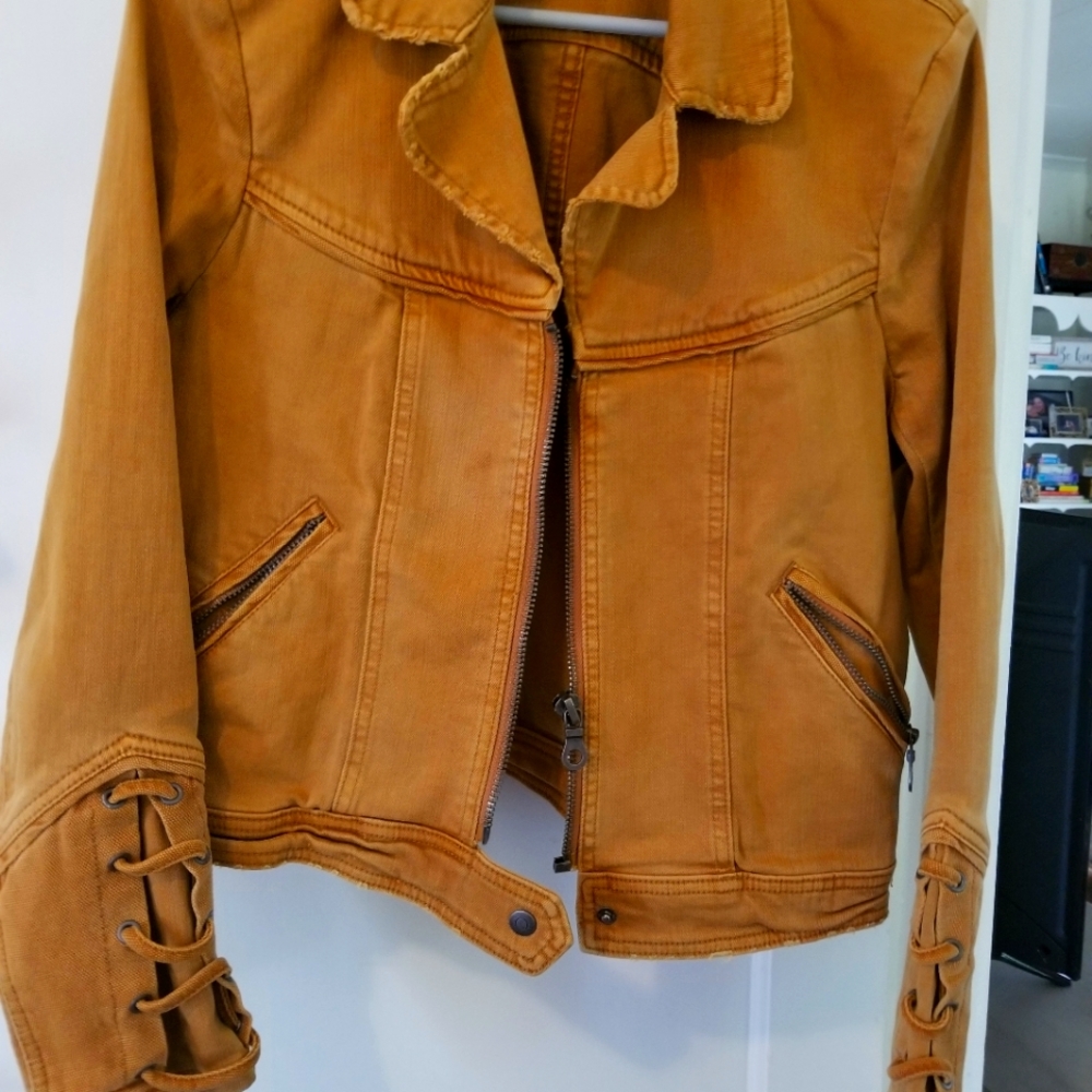 Free People Shrunken Twill Distressed Crop Jacket Laced-up Sleeves Honey